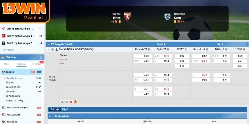 Kèo châu Á trận Torino vs Como (00:30 25/11, Giải Serie A)